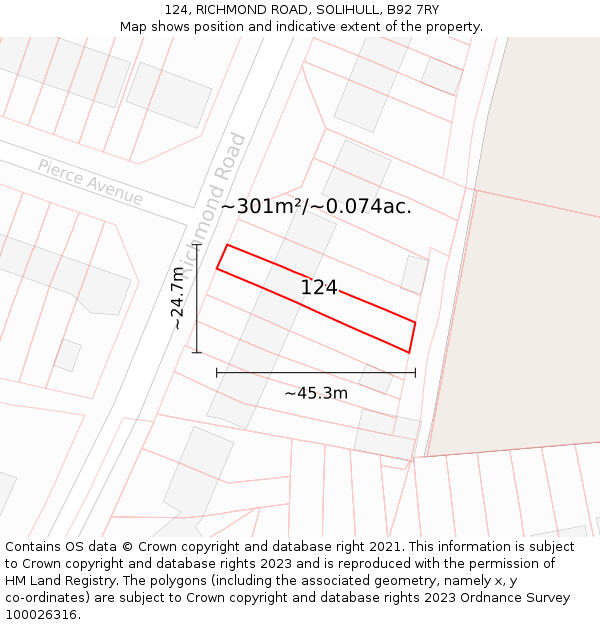124, RICHMOND ROAD, SOLIHULL, B92 7RY: Plot and title map