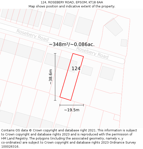 124, ROSEBERY ROAD, EPSOM, KT18 6AA: Plot and title map