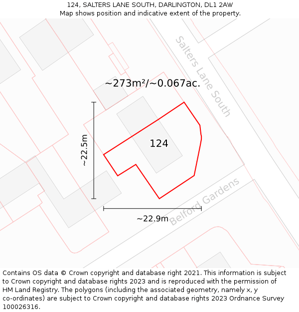 124, SALTERS LANE SOUTH, DARLINGTON, DL1 2AW: Plot and title map