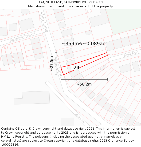 124, SHIP LANE, FARNBOROUGH, GU14 8BJ: Plot and title map