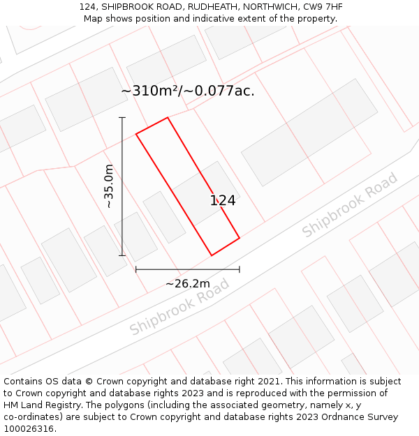 124, SHIPBROOK ROAD, RUDHEATH, NORTHWICH, CW9 7HF: Plot and title map