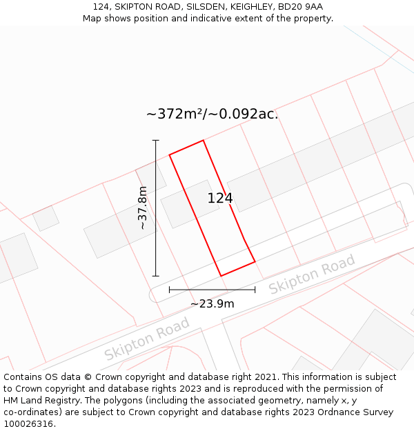 124, SKIPTON ROAD, SILSDEN, KEIGHLEY, BD20 9AA: Plot and title map