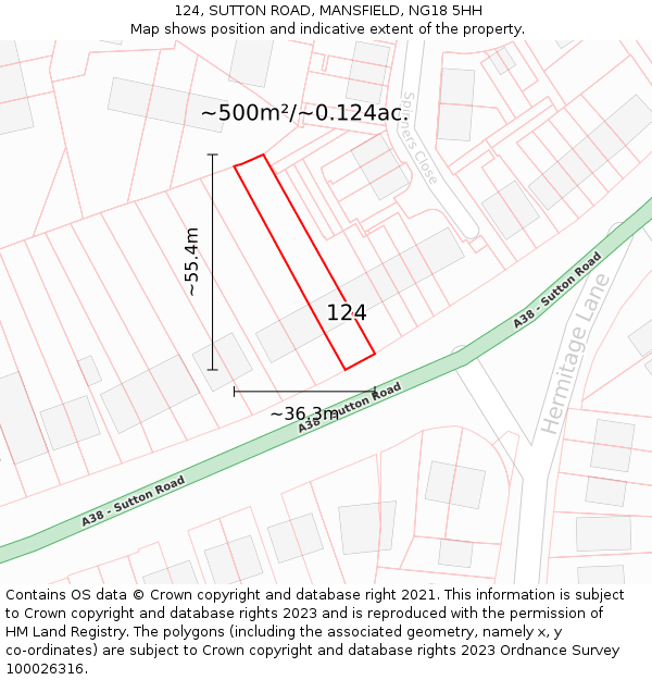 124, SUTTON ROAD, MANSFIELD, NG18 5HH: Plot and title map