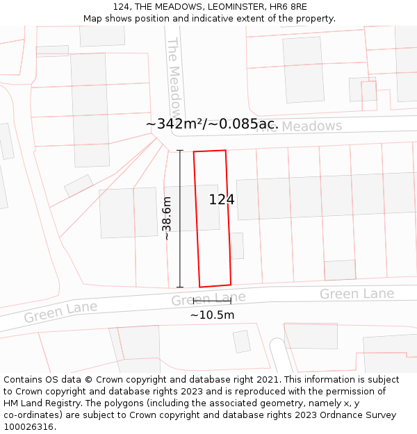 124, THE MEADOWS, LEOMINSTER, HR6 8RE: Plot and title map