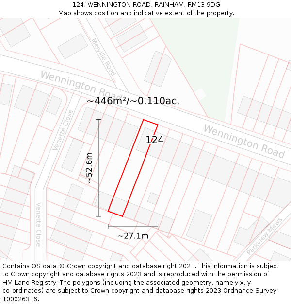 124, WENNINGTON ROAD, RAINHAM, RM13 9DG: Plot and title map