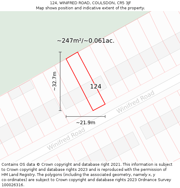 124, WINIFRED ROAD, COULSDON, CR5 3JF: Plot and title map