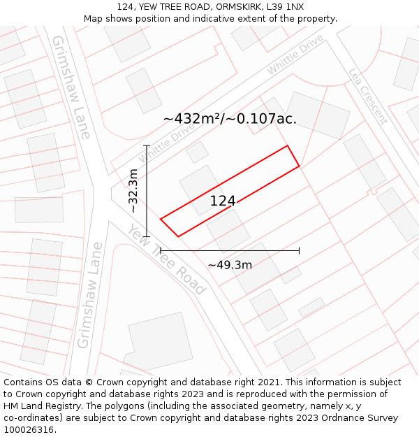 124, YEW TREE ROAD, ORMSKIRK, L39 1NX: Plot and title map