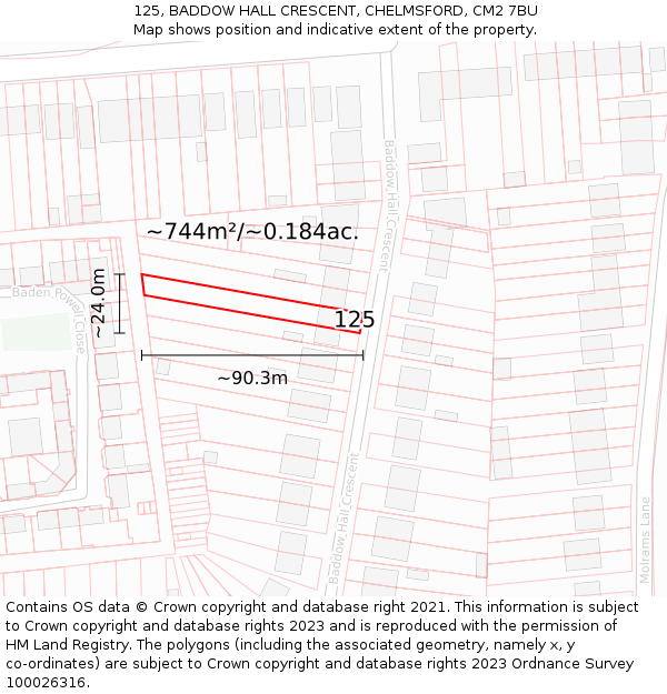 125, BADDOW HALL CRESCENT, CHELMSFORD, CM2 7BU: Plot and title map