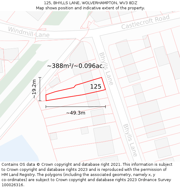 125, BHYLLS LANE, WOLVERHAMPTON, WV3 8DZ: Plot and title map