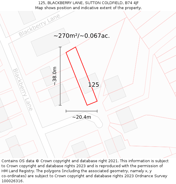 125, BLACKBERRY LANE, SUTTON COLDFIELD, B74 4JF: Plot and title map