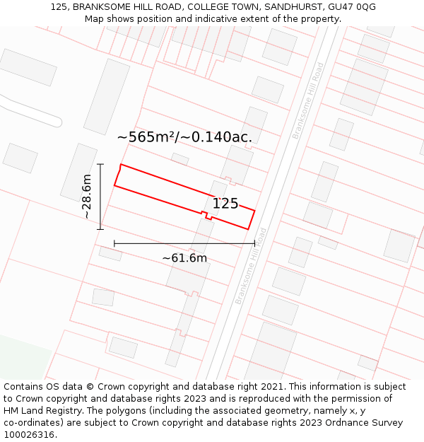 125, BRANKSOME HILL ROAD, COLLEGE TOWN, SANDHURST, GU47 0QG: Plot and title map