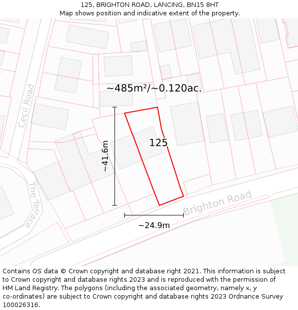 125, BRIGHTON ROAD, LANCING, BN15 8HT: Plot and title map