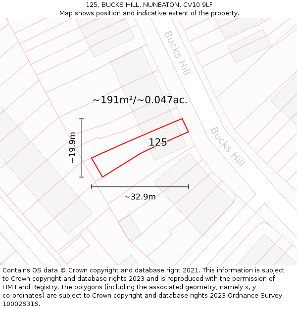 125, BUCKS HILL, NUNEATON, CV10 9LF: Plot and title map