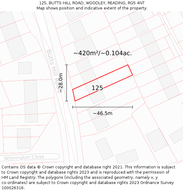 125, BUTTS HILL ROAD, WOODLEY, READING, RG5 4NT: Plot and title map