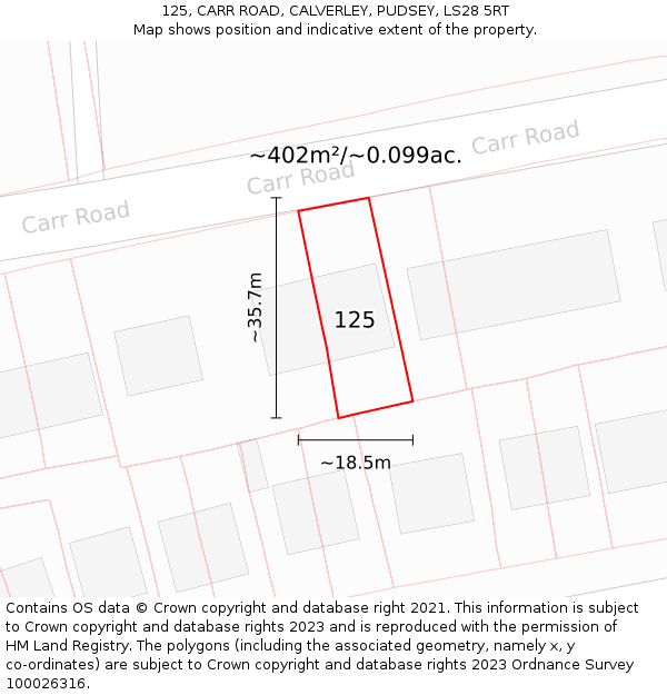 125, CARR ROAD, CALVERLEY, PUDSEY, LS28 5RT: Plot and title map