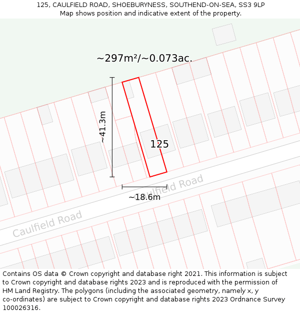 125, CAULFIELD ROAD, SHOEBURYNESS, SOUTHEND-ON-SEA, SS3 9LP: Plot and title map