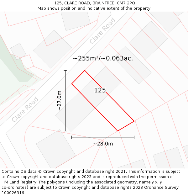 125, CLARE ROAD, BRAINTREE, CM7 2PQ: Plot and title map