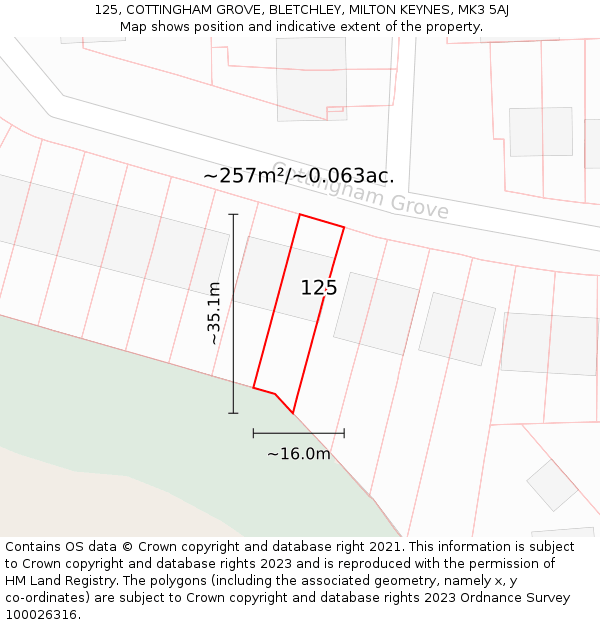 125, COTTINGHAM GROVE, BLETCHLEY, MILTON KEYNES, MK3 5AJ: Plot and title map