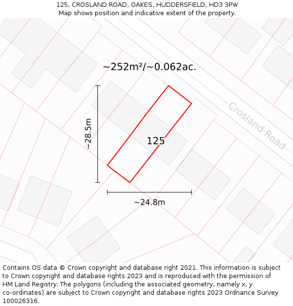 125, CROSLAND ROAD, OAKES, HUDDERSFIELD, HD3 3PW: Plot and title map