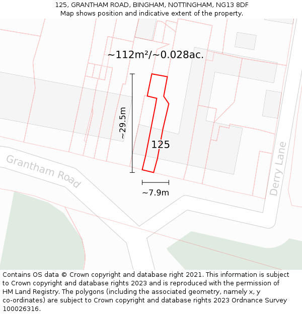 125, GRANTHAM ROAD, BINGHAM, NOTTINGHAM, NG13 8DF: Plot and title map