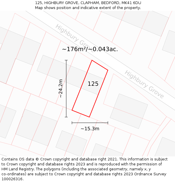 125, HIGHBURY GROVE, CLAPHAM, BEDFORD, MK41 6DU: Plot and title map