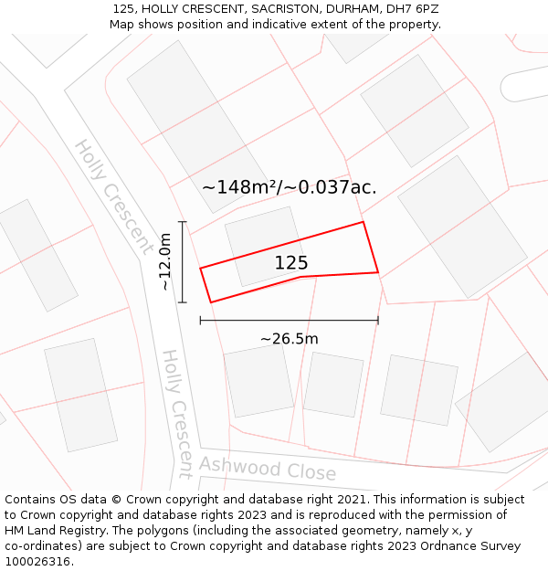 125, HOLLY CRESCENT, SACRISTON, DURHAM, DH7 6PZ: Plot and title map