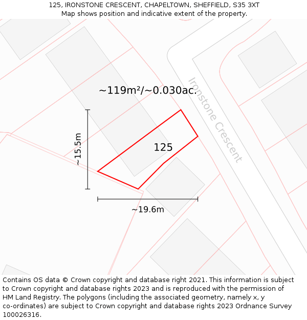 125, IRONSTONE CRESCENT, CHAPELTOWN, SHEFFIELD, S35 3XT: Plot and title map