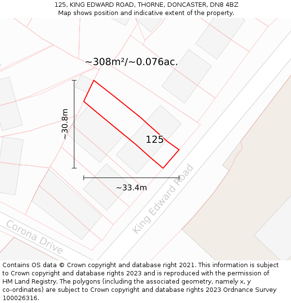 125, KING EDWARD ROAD, THORNE, DONCASTER, DN8 4BZ: Plot and title map