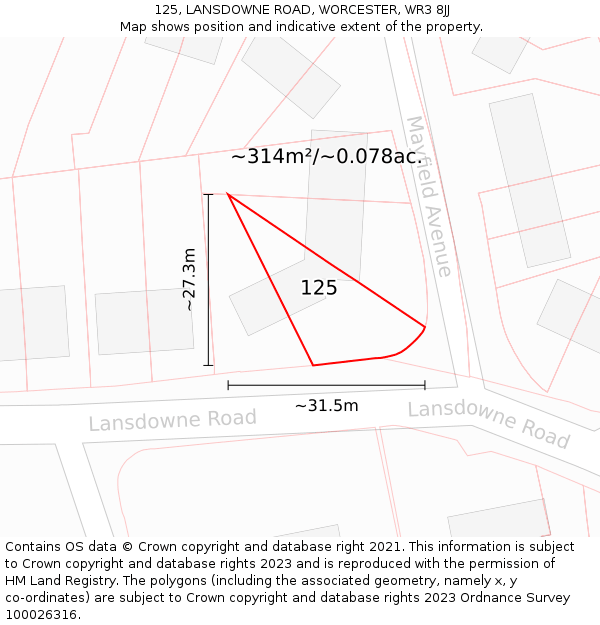 125, LANSDOWNE ROAD, WORCESTER, WR3 8JJ: Plot and title map