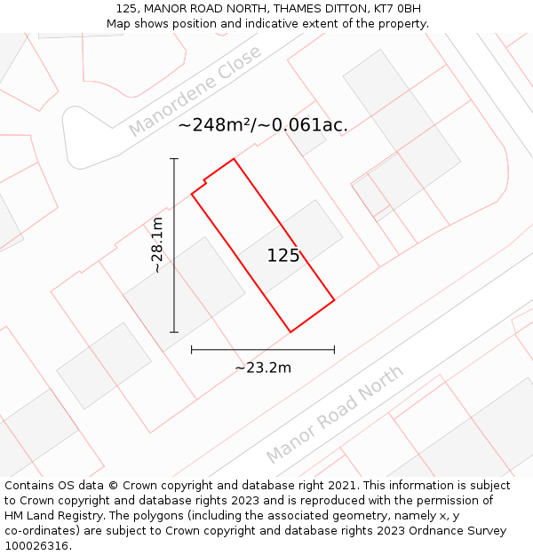 125, MANOR ROAD NORTH, THAMES DITTON, KT7 0BH: Plot and title map