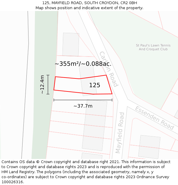 125, MAYFIELD ROAD, SOUTH CROYDON, CR2 0BH: Plot and title map