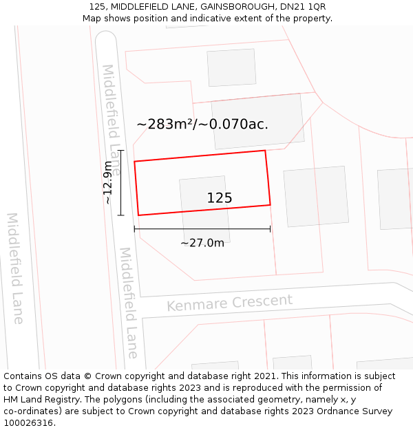 125, MIDDLEFIELD LANE, GAINSBOROUGH, DN21 1QR: Plot and title map