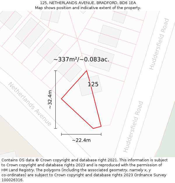125, NETHERLANDS AVENUE, BRADFORD, BD6 1EA: Plot and title map