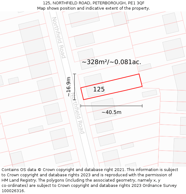 125, NORTHFIELD ROAD, PETERBOROUGH, PE1 3QF: Plot and title map