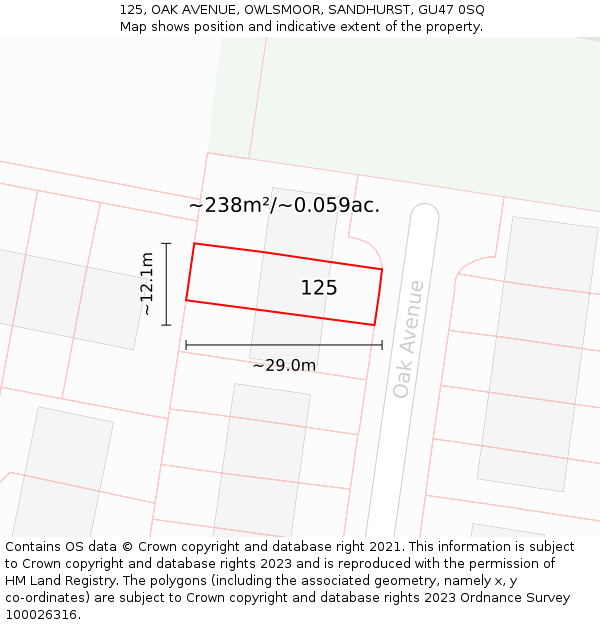 125, OAK AVENUE, OWLSMOOR, SANDHURST, GU47 0SQ: Plot and title map