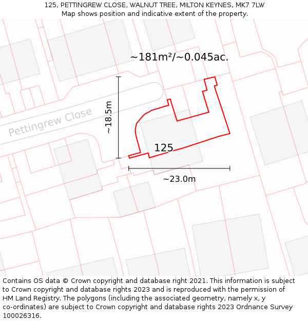 125, PETTINGREW CLOSE, WALNUT TREE, MILTON KEYNES, MK7 7LW: Plot and title map