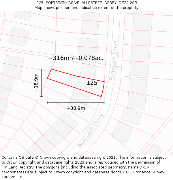 125, PORTREATH DRIVE, ALLESTREE, DERBY, DE22 2SB: Plot and title map