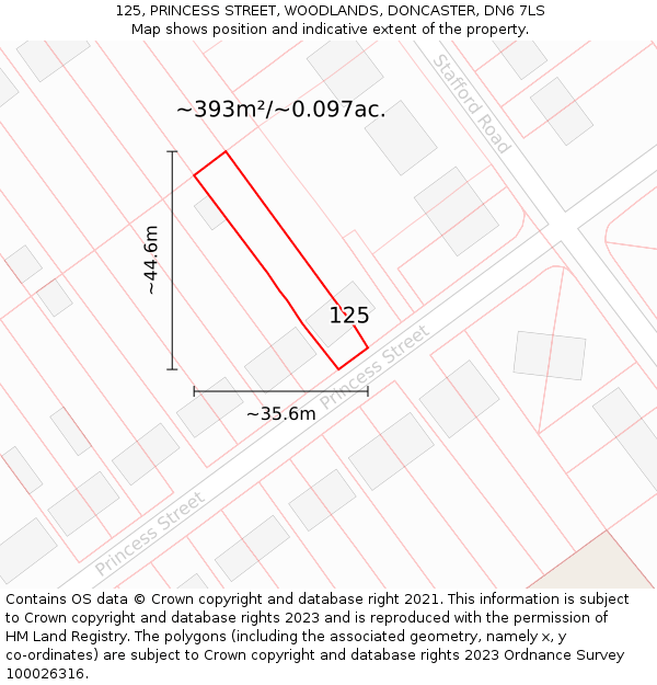 125, PRINCESS STREET, WOODLANDS, DONCASTER, DN6 7LS: Plot and title map