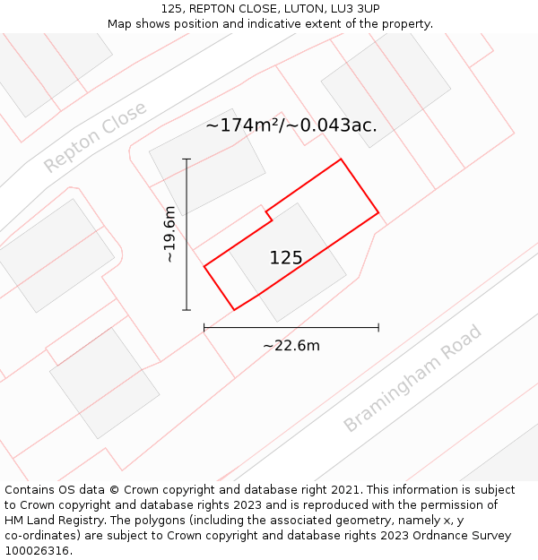 125, REPTON CLOSE, LUTON, LU3 3UP: Plot and title map