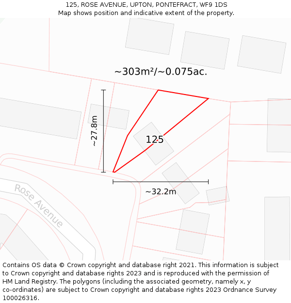 125, ROSE AVENUE, UPTON, PONTEFRACT, WF9 1DS: Plot and title map