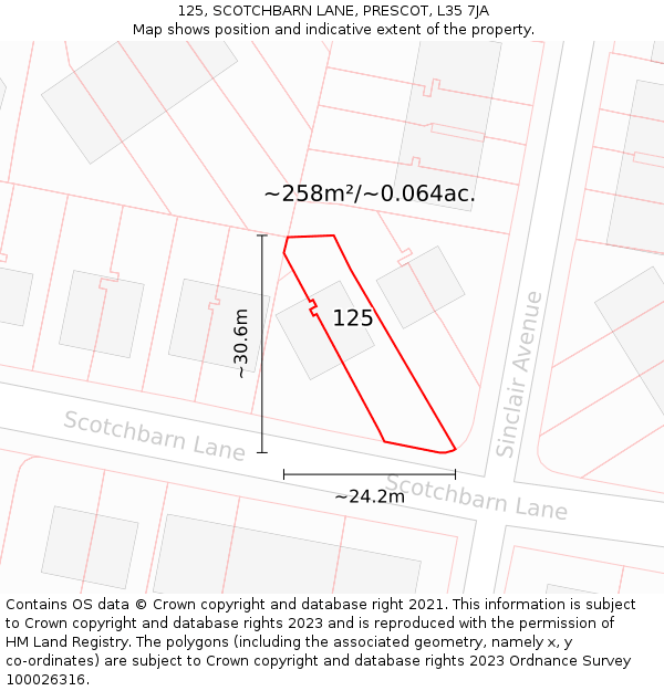 125, SCOTCHBARN LANE, PRESCOT, L35 7JA: Plot and title map