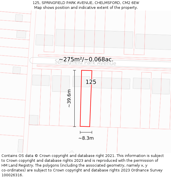 125, SPRINGFIELD PARK AVENUE, CHELMSFORD, CM2 6EW: Plot and title map