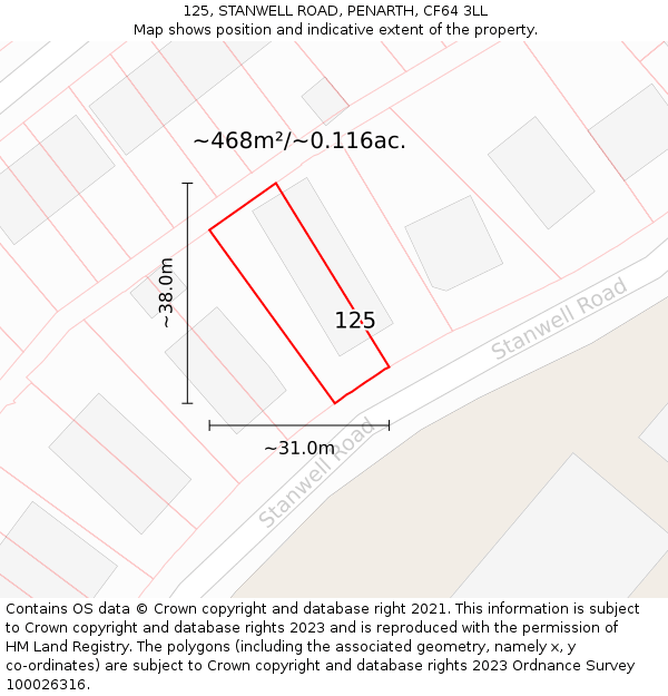 125, STANWELL ROAD, PENARTH, CF64 3LL: Plot and title map