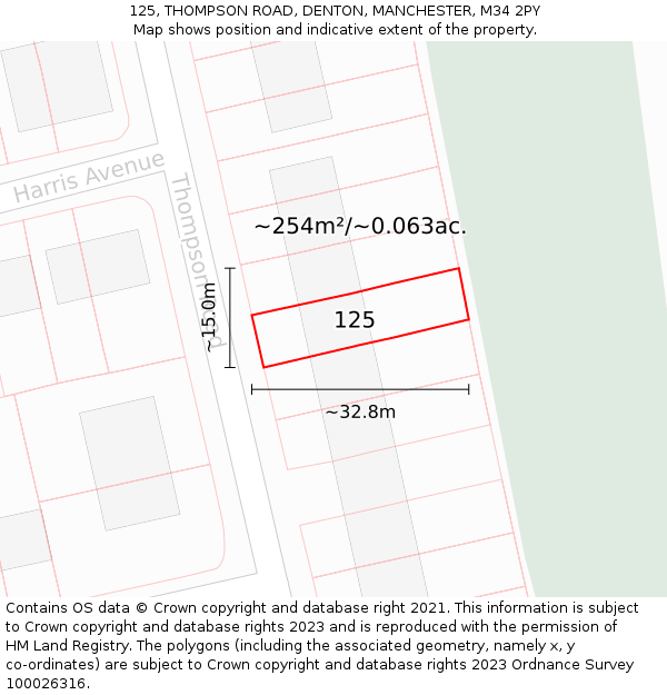 125, THOMPSON ROAD, DENTON, MANCHESTER, M34 2PY: Plot and title map