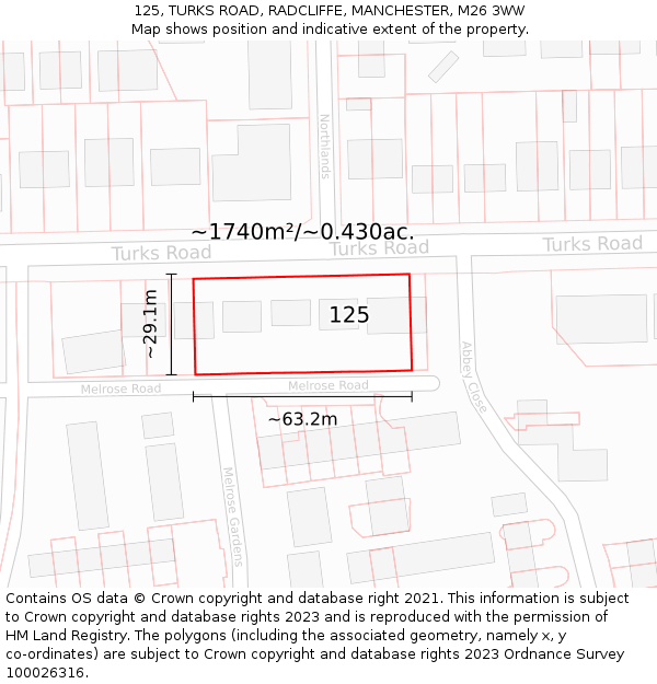 125, TURKS ROAD, RADCLIFFE, MANCHESTER, M26 3WW: Plot and title map