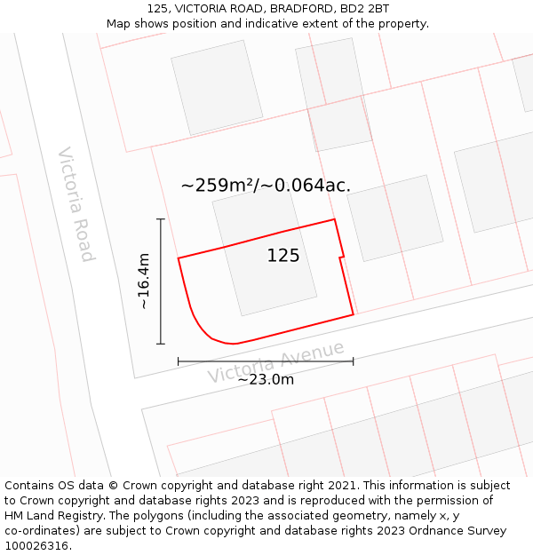 125, VICTORIA ROAD, BRADFORD, BD2 2BT: Plot and title map
