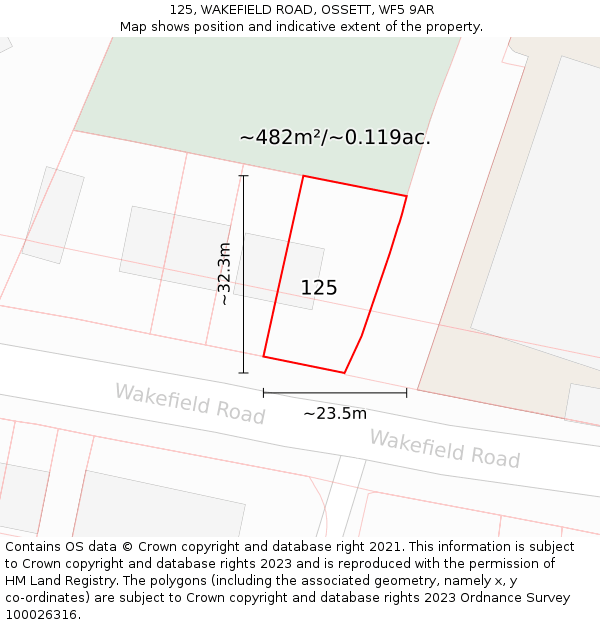 125, WAKEFIELD ROAD, OSSETT, WF5 9AR: Plot and title map