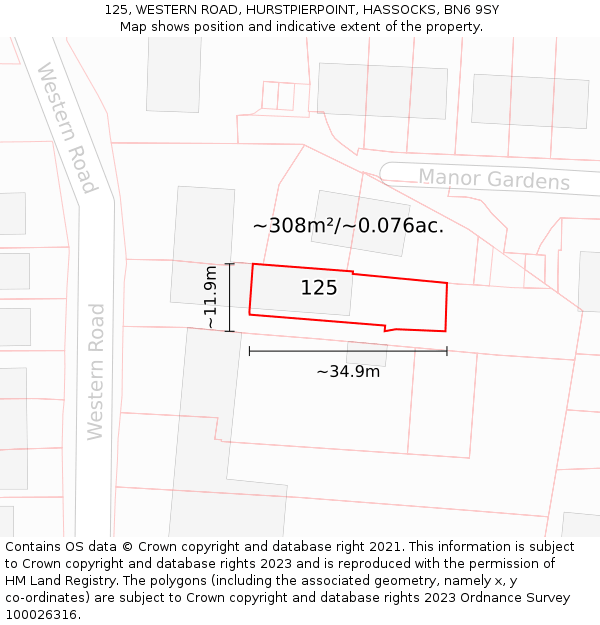 125, WESTERN ROAD, HURSTPIERPOINT, HASSOCKS, BN6 9SY: Plot and title map