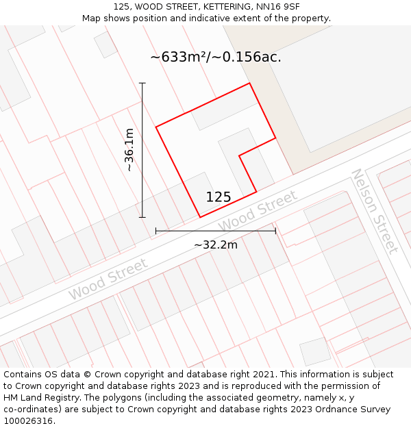 125, WOOD STREET, KETTERING, NN16 9SF: Plot and title map