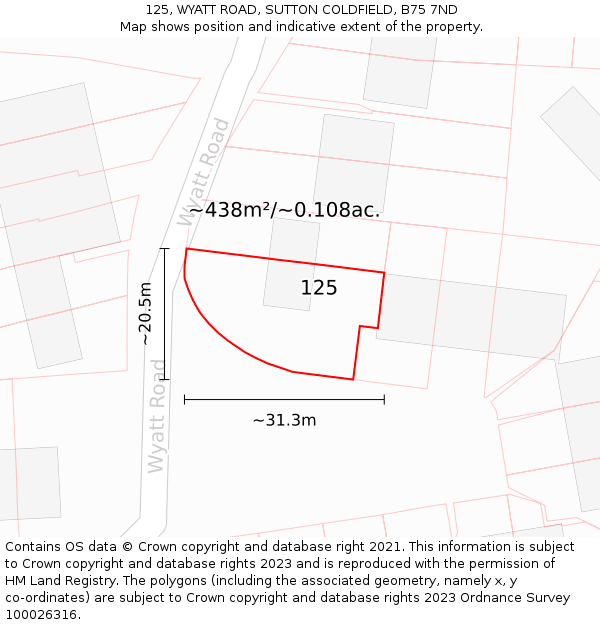 125, WYATT ROAD, SUTTON COLDFIELD, B75 7ND: Plot and title map